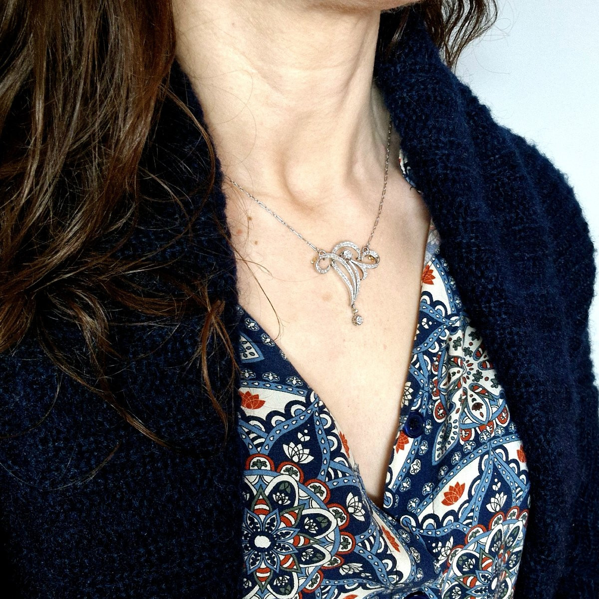 Collier Belle Epoque Art Nouveau Diamants Sur Platine Et Or Blanc, Sur Sa Chaîne En Or Blanc-photo-8