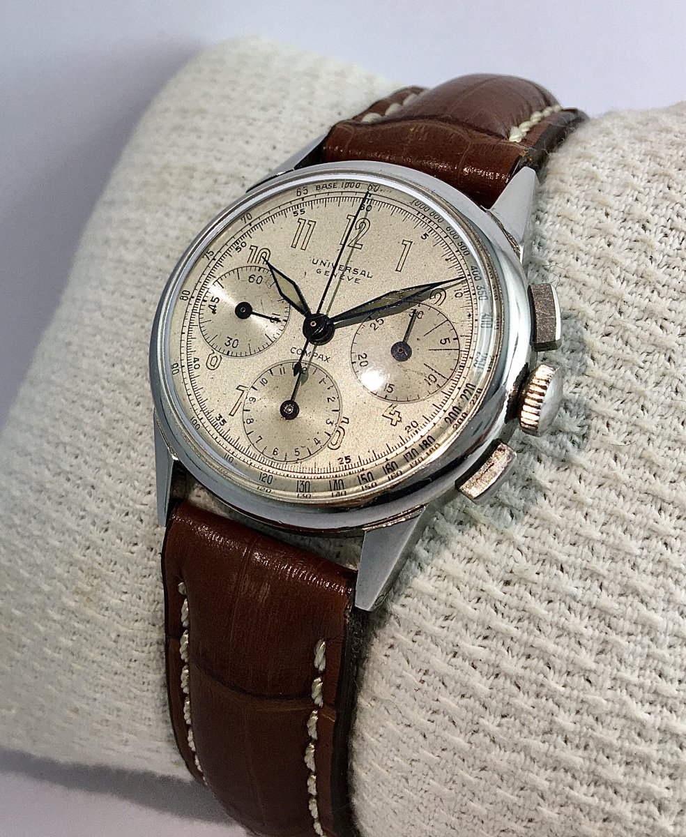Universal Chrono Compax Mechanical Watch 50s Steel On Leather-photo-3