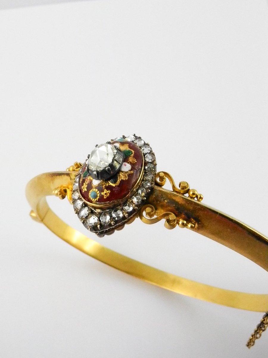 Bracelet Jonc Ouvrant Emaux Bressans Diamants Taille Rose / Or Argent Napoléon III-photo-2