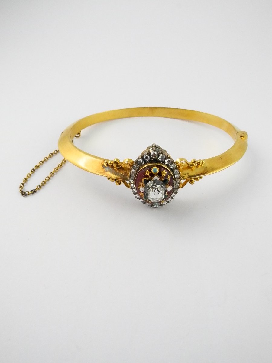 Bracelet Jonc Ouvrant Emaux Bressans Diamants Taille Rose / Or Argent Napoléon III-photo-4