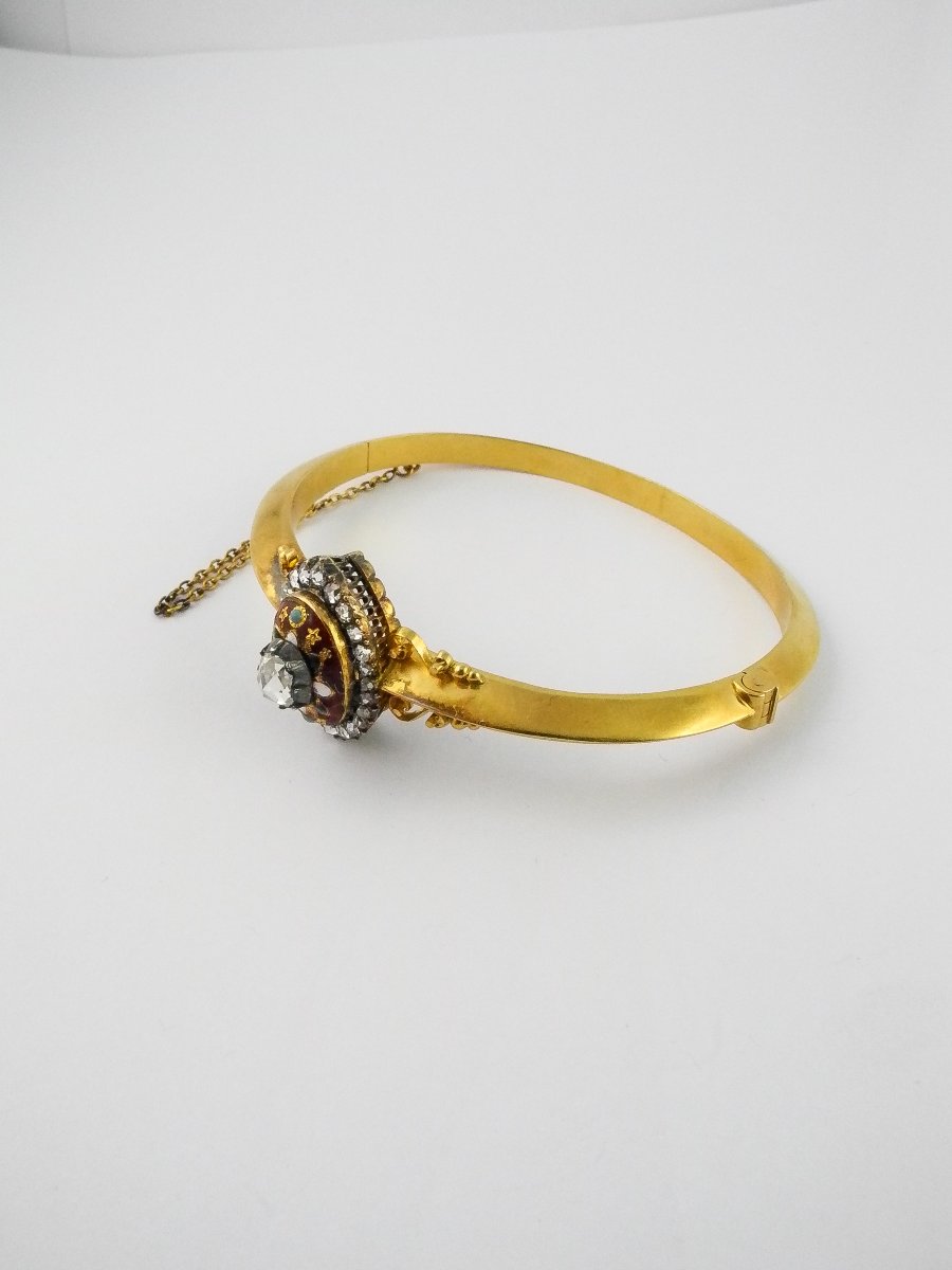 Bracelet Jonc Ouvrant Emaux Bressans Diamants Taille Rose / Or Argent Napoléon III-photo-1