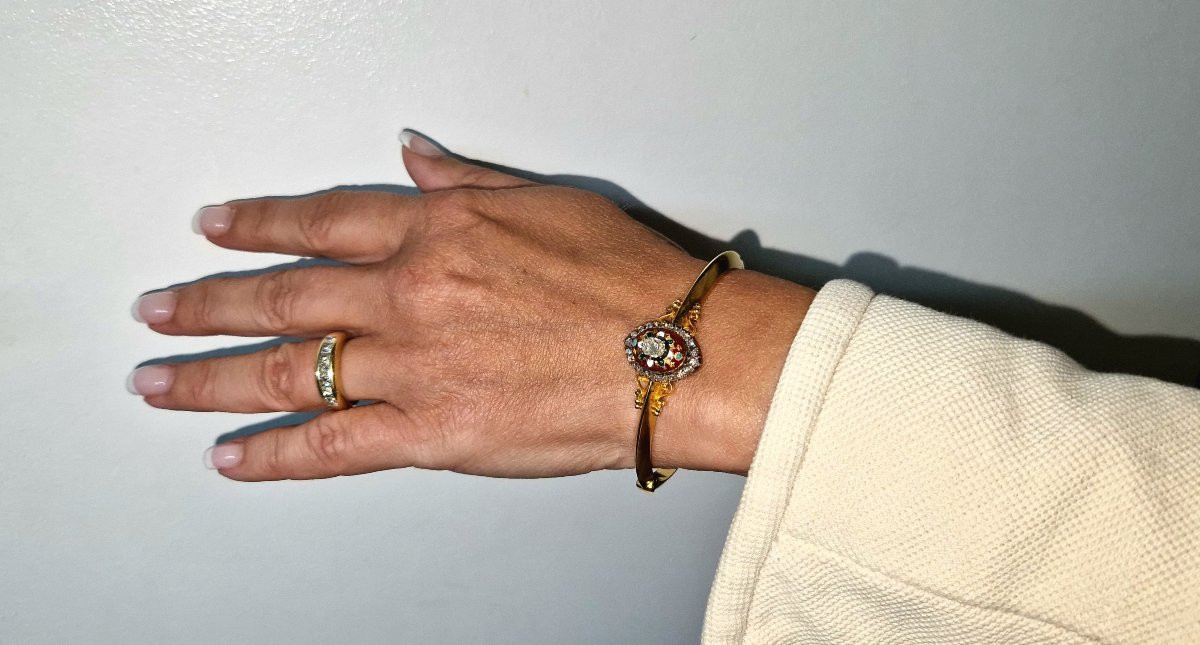 Bracelet Jonc Ouvrant Emaux Bressans Diamants Taille Rose / Or Argent Napoléon III-photo-8