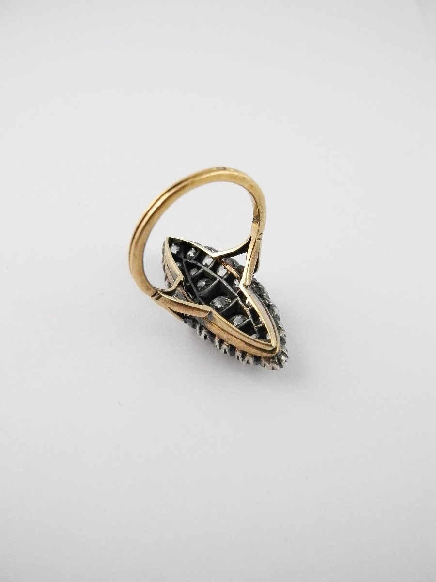 Bague Marquise Belle Epoque Diamants Taille Ancienne Sur Or Jaune Et Argent-photo-7
