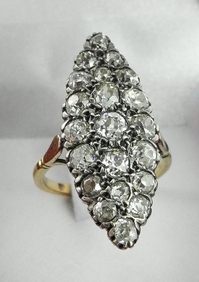 Bague Marquise Belle Epoque Diamants Taille Ancienne Sur Or Jaune Et Argent