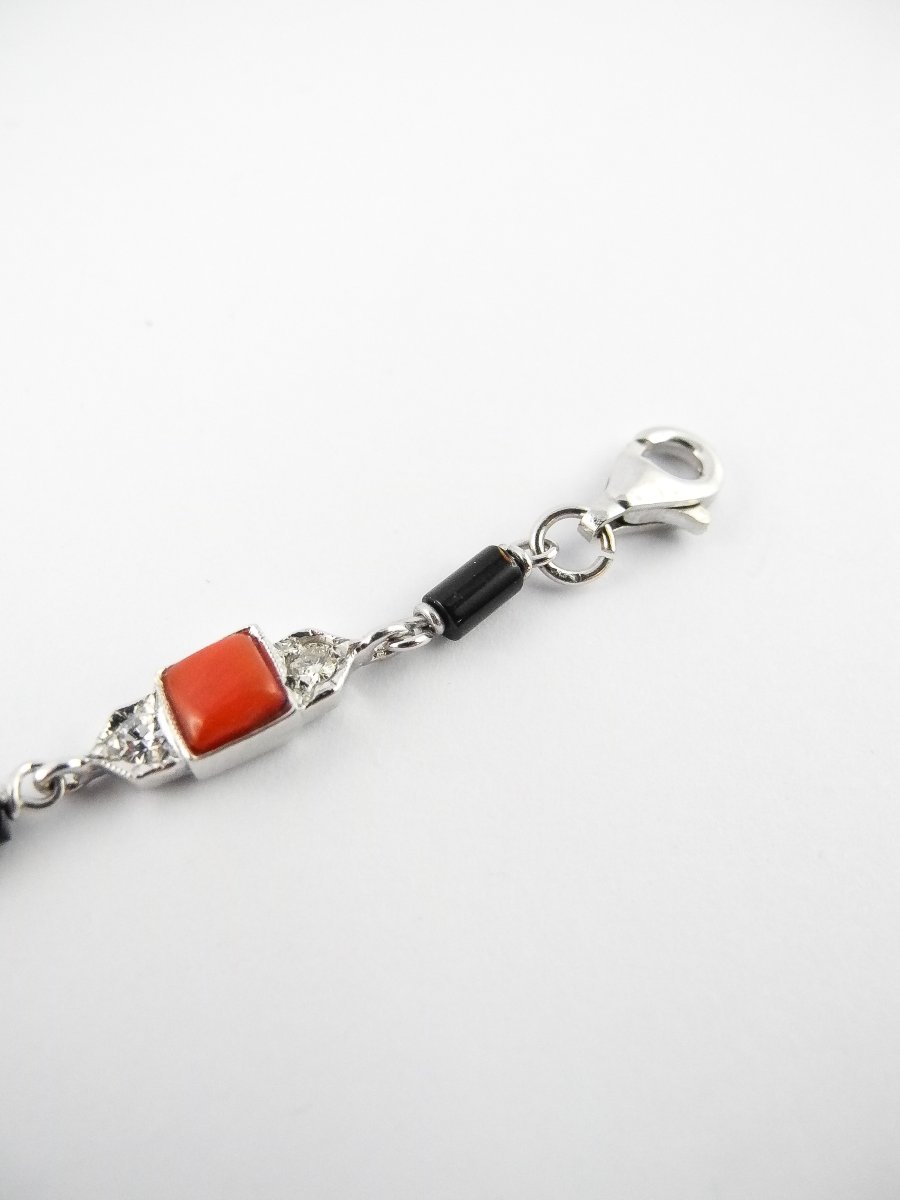 Bracelet Style Art Déco Corail Onyx Et Diamants Sur Or Blanc-photo-2