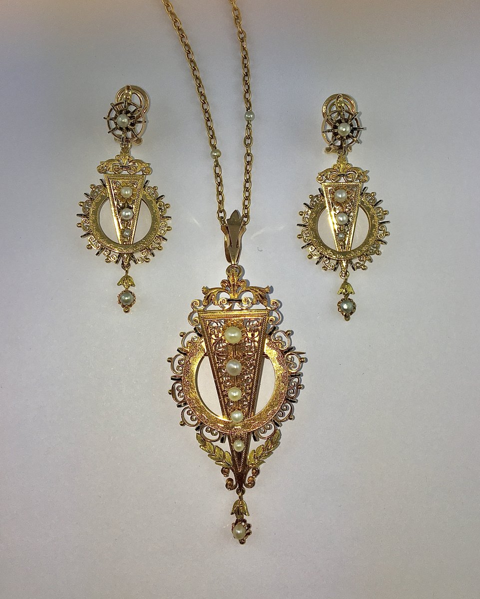 ½ Set Of Earrings/pendant Brooch Fine Pearls Black Enamel On Yellow Gold Napoleon III-photo-2