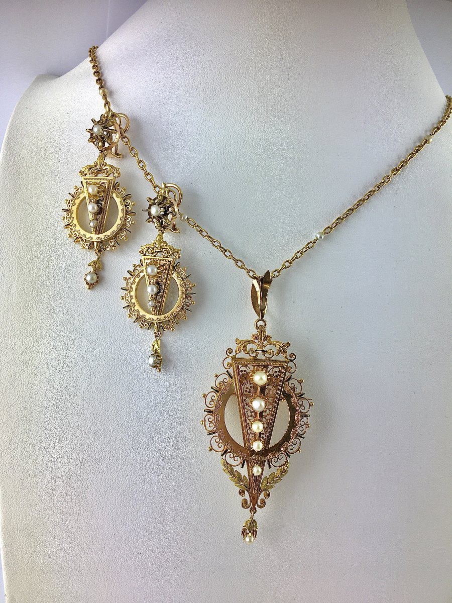 ½ Set Of Earrings/pendant Brooch Fine Pearls Black Enamel On Yellow Gold Napoleon III-photo-1