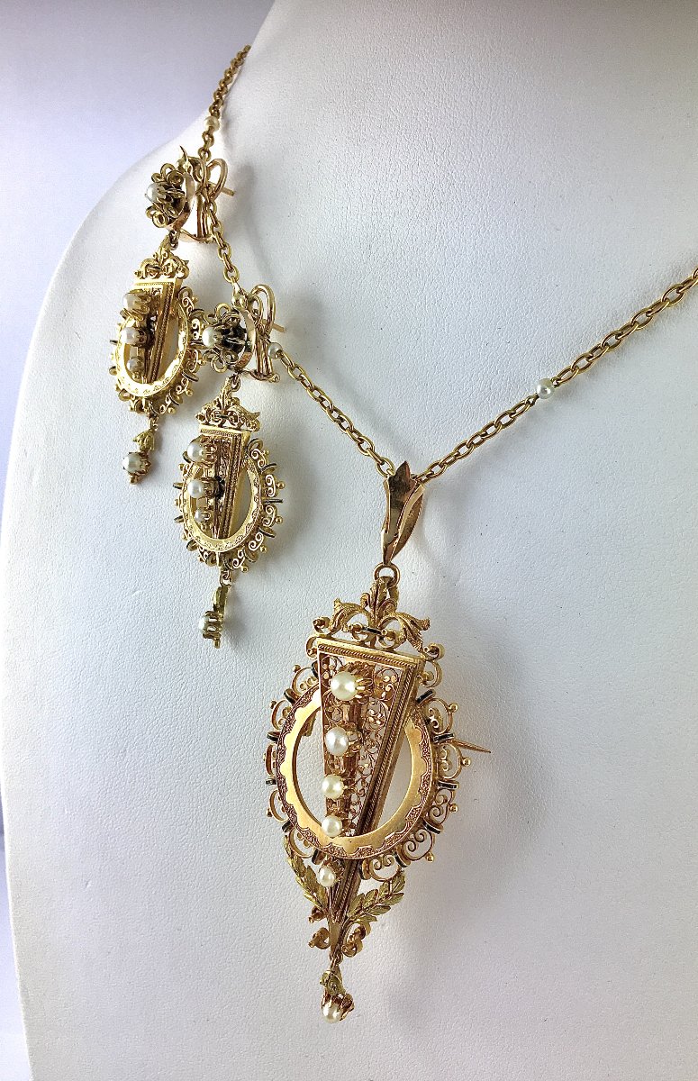½ Set Of Earrings/pendant Brooch Fine Pearls Black Enamel On Yellow Gold Napoleon III-photo-2