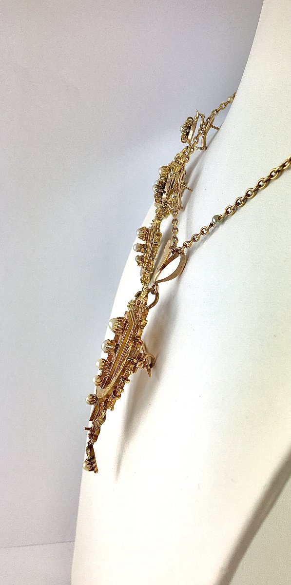 ½ Set Of Earrings/pendant Brooch Fine Pearls Black Enamel On Yellow Gold Napoleon III-photo-4