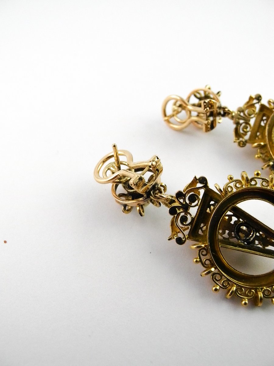 ½ Set Of Earrings/pendant Brooch Fine Pearls Black Enamel On Yellow Gold Napoleon III-photo-8