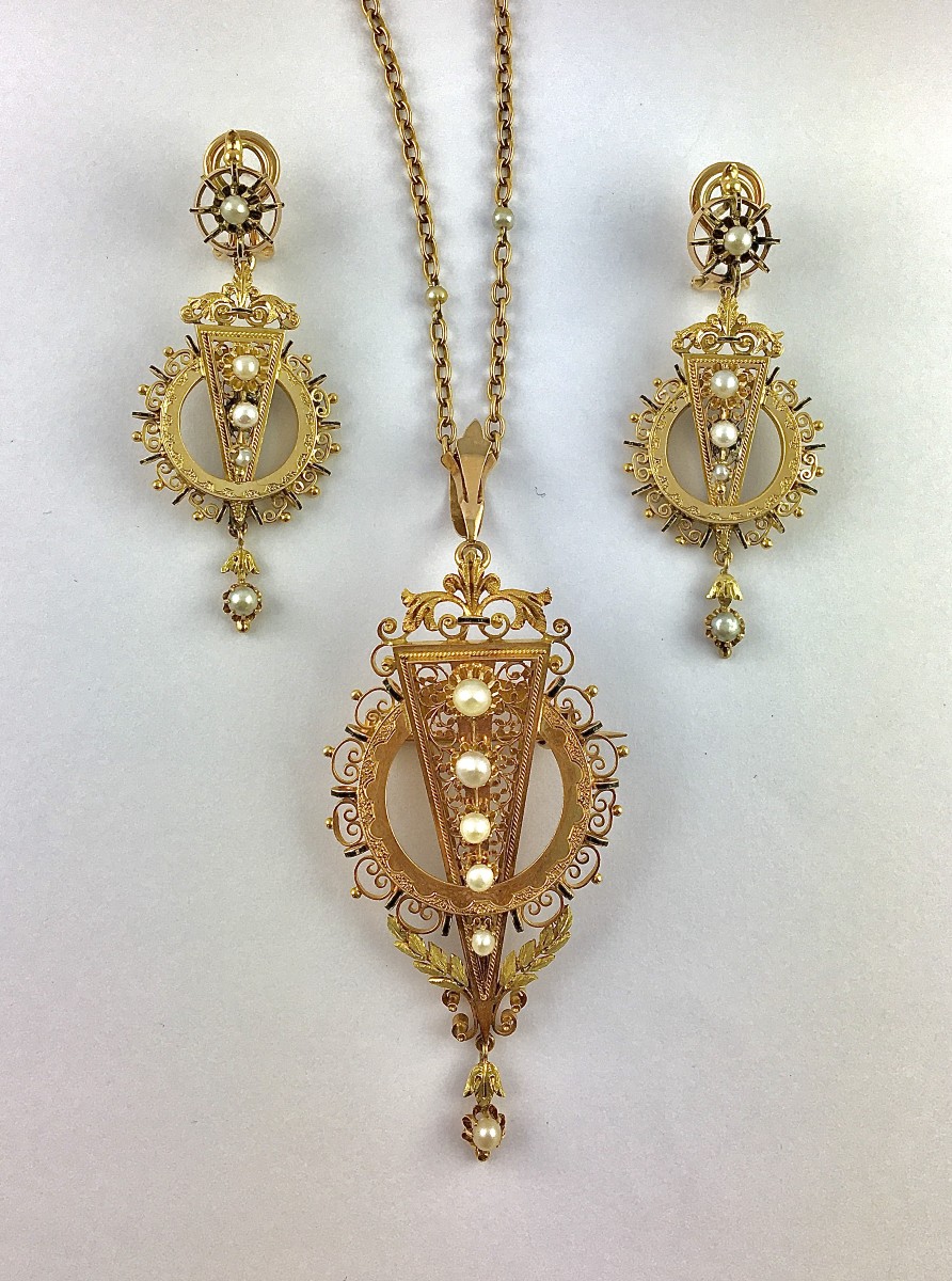 ½ Set Of Earrings/pendant Brooch Fine Pearls Black Enamel On Yellow Gold Napoleon III