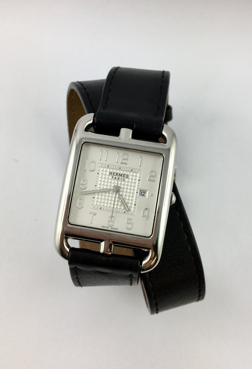 Hermès Cape Cod Men's Watch 2010 Steel Quartz Dato Double Wrap Leather Strap, And Its Box-photo-3