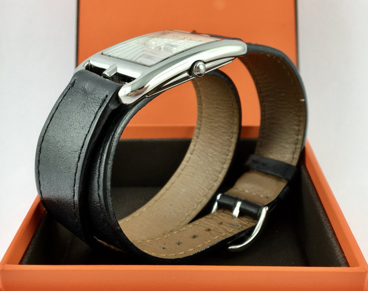Hermès Cape Cod Men's Watch 2010 Steel Quartz Dato Double Wrap Leather Strap, And Its Box-photo-4