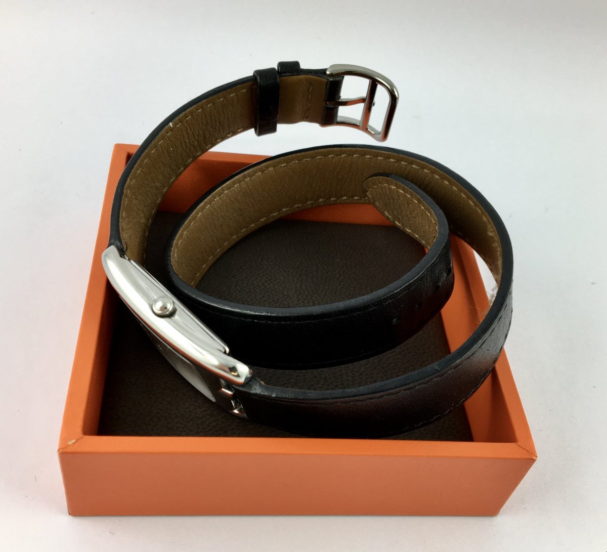 Hermès Cape Cod Men's Watch 2010 Steel Quartz Dato Double Wrap Leather Strap, And Its Box-photo-3