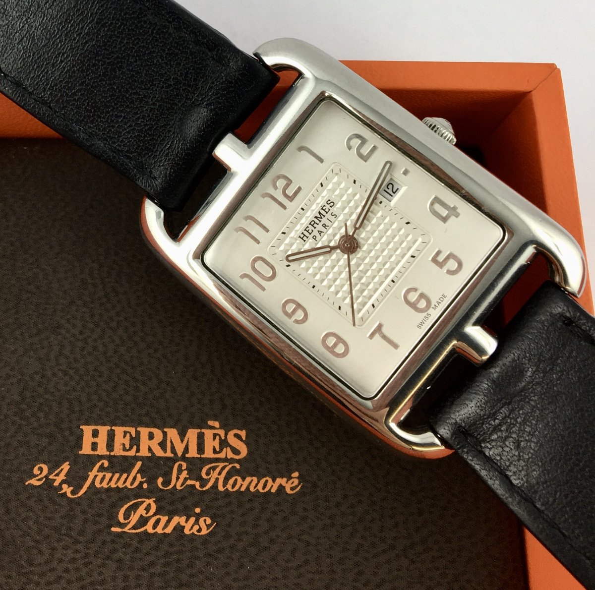Hermès Cape Cod Men's Watch 2010 Steel Quartz Dato Double Wrap Leather Strap, And Its Box-photo-5