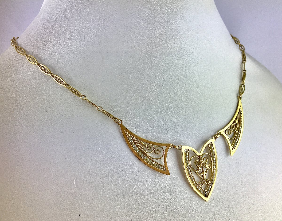 Draperie Necklace Fine Pearls On Yellow Gold Filigree Links -photo-3