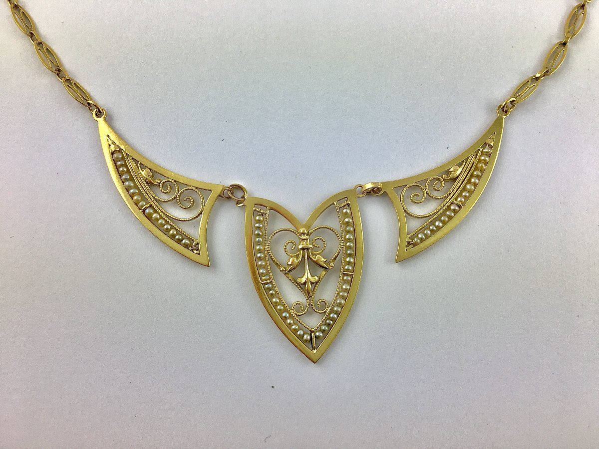 Draperie Necklace Fine Pearls On Yellow Gold Filigree Links -photo-4