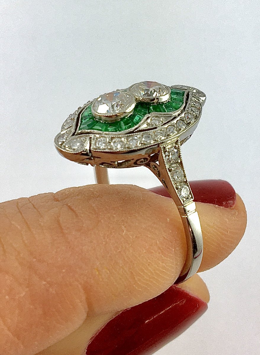 Art Deco Style Marquise Ring, You & Me Diamonds, Calibrated Emeralds & Diamonds On Platinum-photo-3