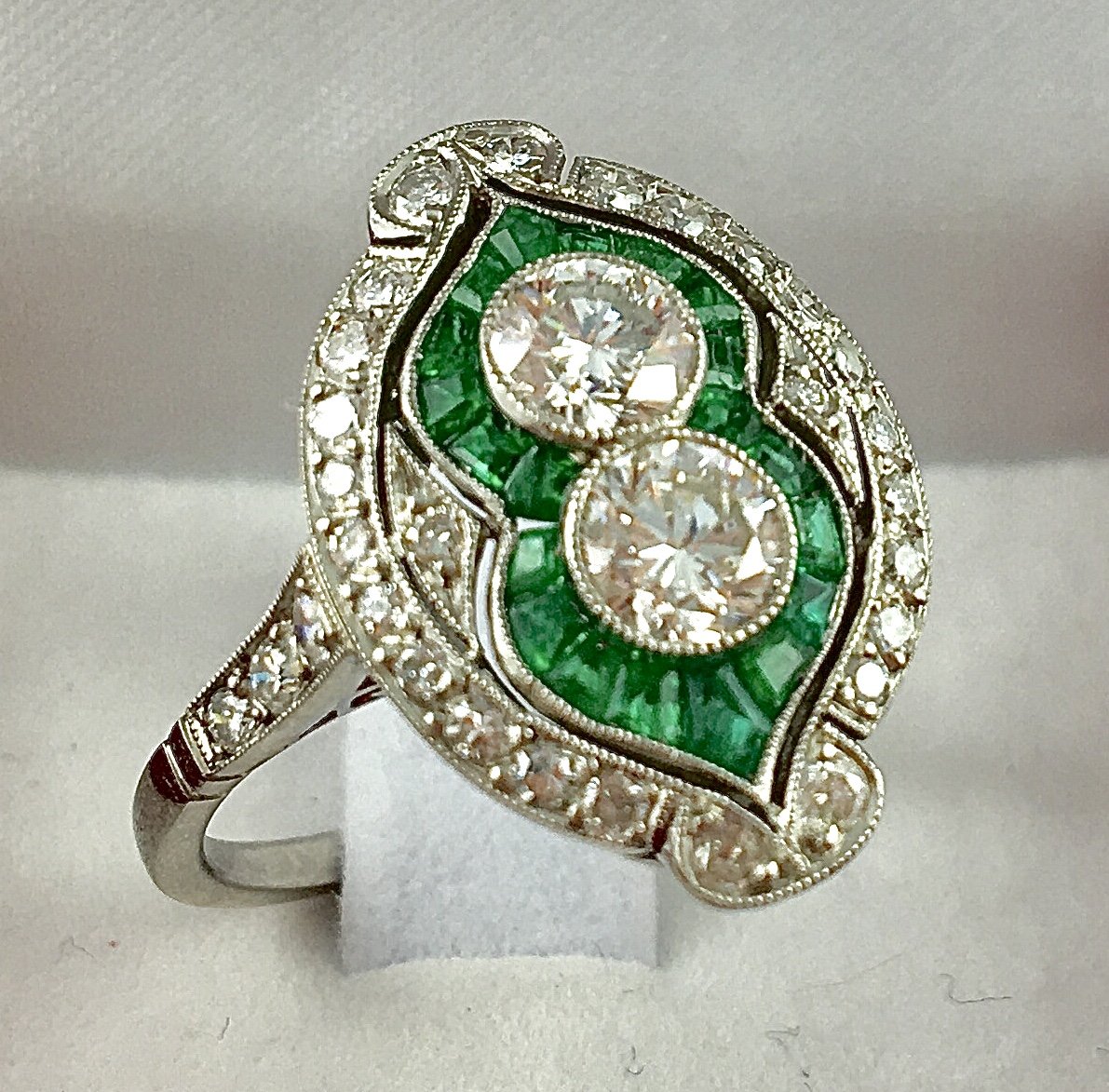 Art Deco Style Marquise Ring, You & Me Diamonds, Calibrated Emeralds & Diamonds On Platinum-photo-4