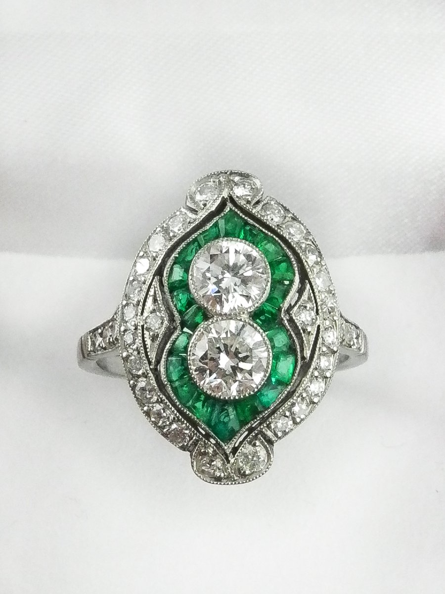 Art Deco Style Marquise Ring, You & Me Diamonds, Calibrated Emeralds & Diamonds On Platinum-photo-1