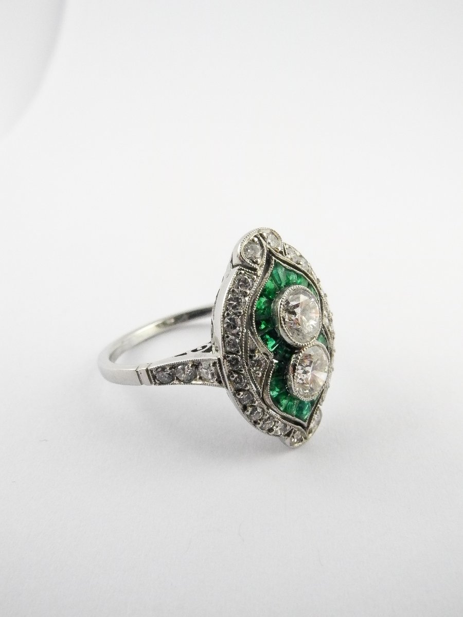 Art Deco Style Marquise Ring, You & Me Diamonds, Calibrated Emeralds & Diamonds On Platinum-photo-2