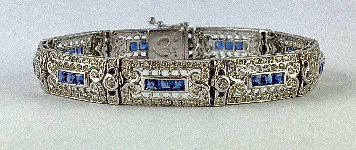 Art Deco Style Ribbon Bracelet Calibrated Sapphires Diamonds On White Gold-photo-2