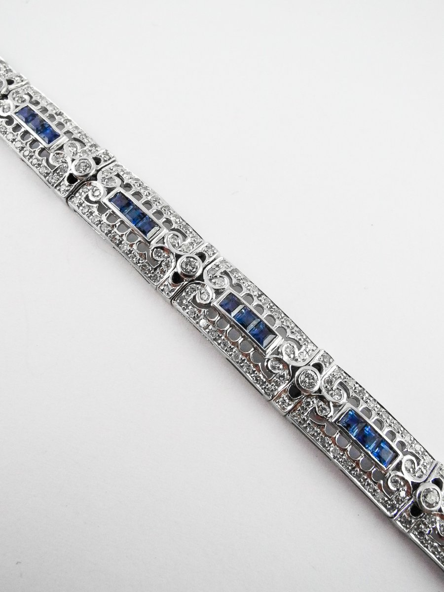 Art Deco Style Ribbon Bracelet Calibrated Sapphires Diamonds On White Gold-photo-4