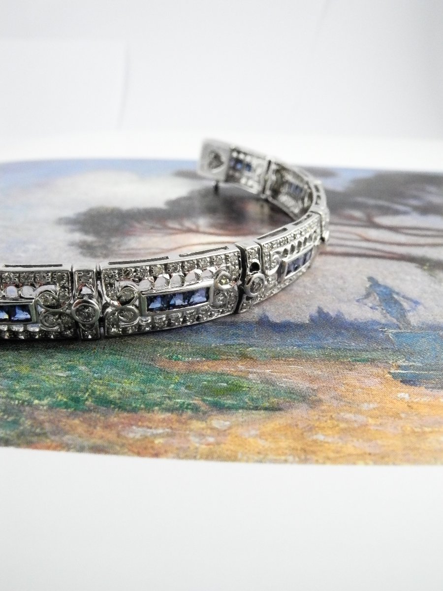 Art Deco Style Ribbon Bracelet Calibrated Sapphires Diamonds On White Gold-photo-1