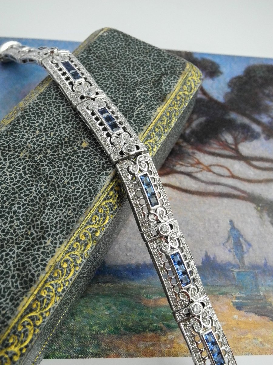 Art Deco Style Ribbon Bracelet Calibrated Sapphires Diamonds On White Gold-photo-2