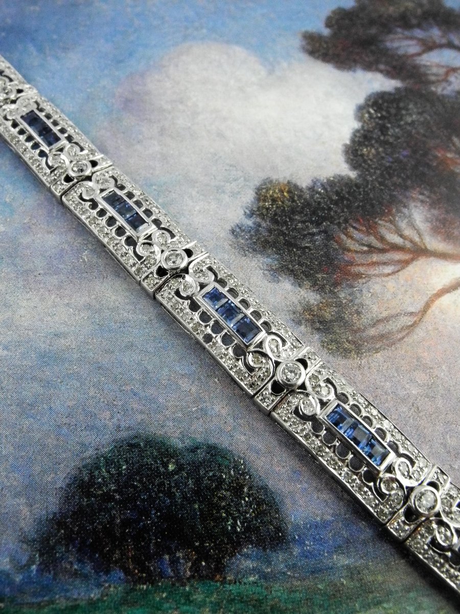 Art Deco Style Ribbon Bracelet Calibrated Sapphires Diamonds On White Gold-photo-3