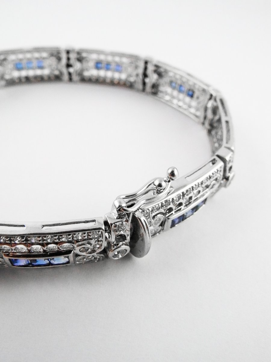 Art Deco Style Ribbon Bracelet Calibrated Sapphires Diamonds On White Gold-photo-6