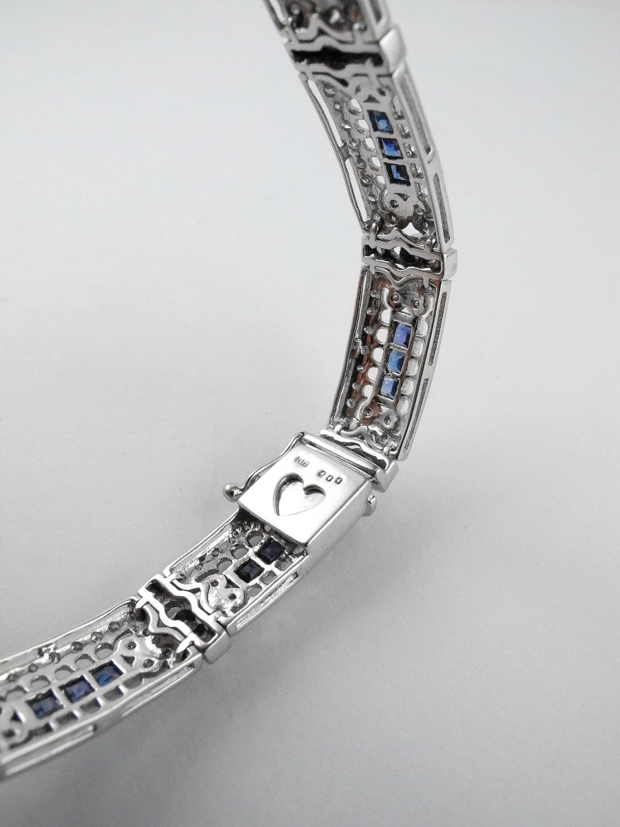 Art Deco Style Ribbon Bracelet Calibrated Sapphires Diamonds On White Gold-photo-7