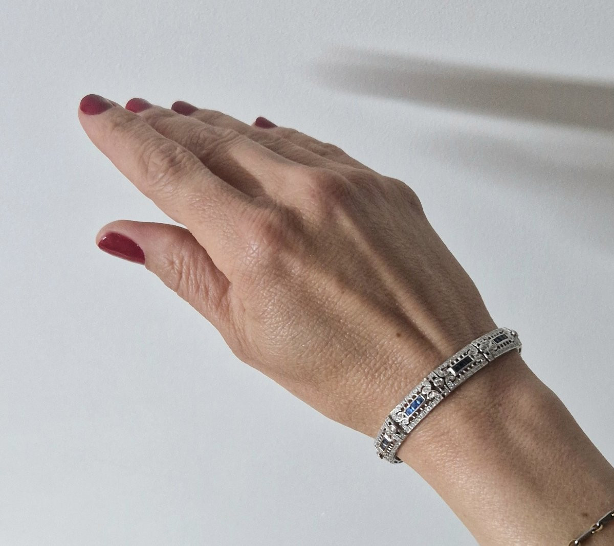 Art Deco Style Ribbon Bracelet Calibrated Sapphires Diamonds On White Gold-photo-8