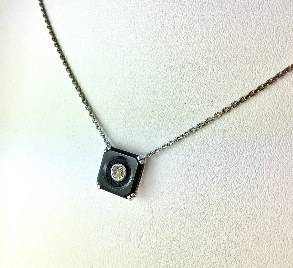 Art Deco Style Necklace Onyx Plaque And Diamond Pendant On White Gold