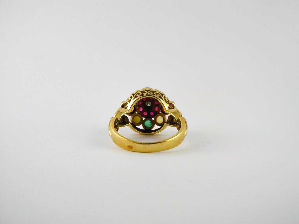 Bague Tutti Frutti Dôme Pierres de Couleur Cabochons, Taillées, et Diamant Sur Or Jaune-photo-5