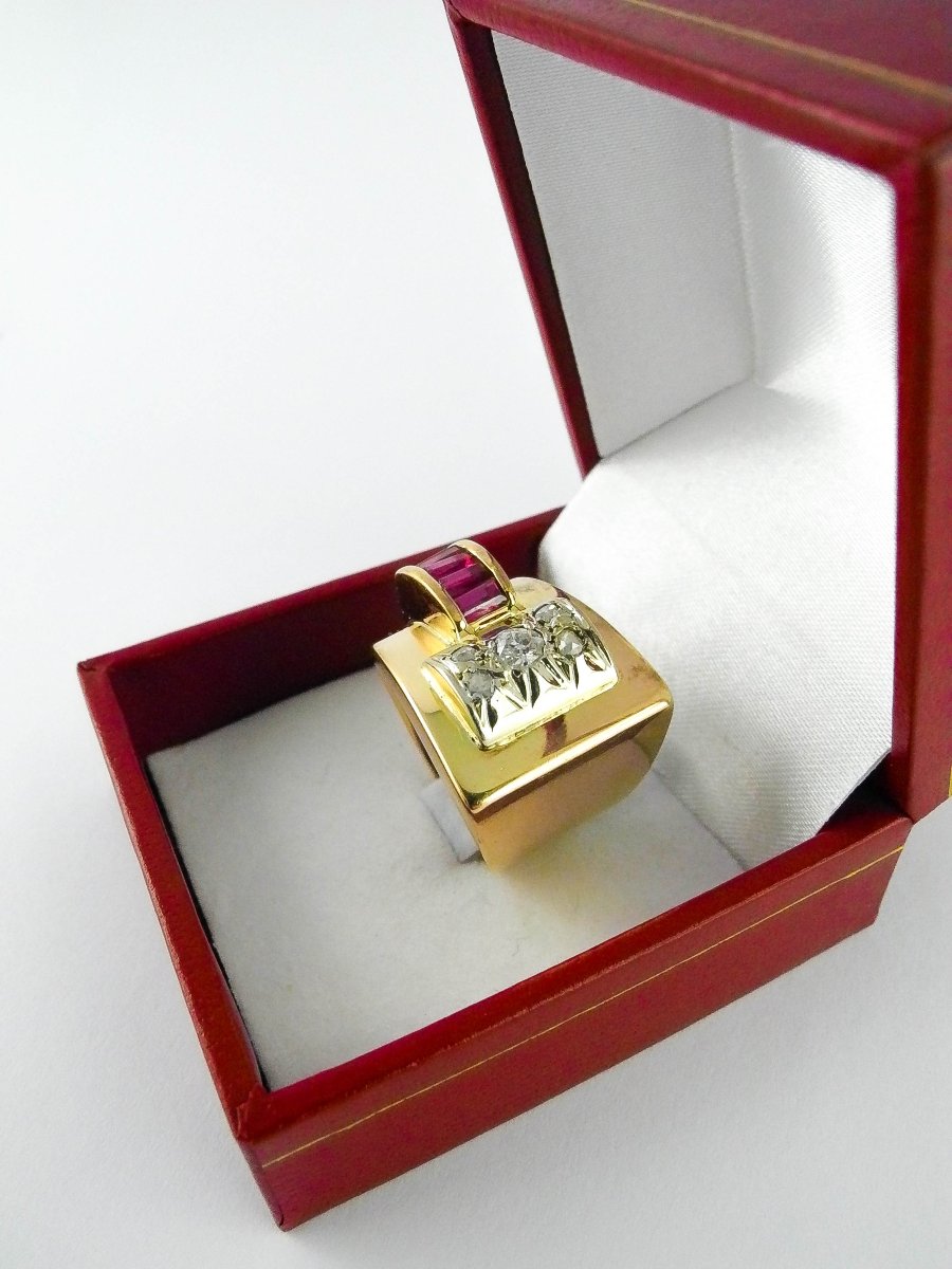 Bague Tank Asymétrique Diamants Taille Ancienne, Rose Et Rubis Synthétiques Sur Or Rose-photo-5