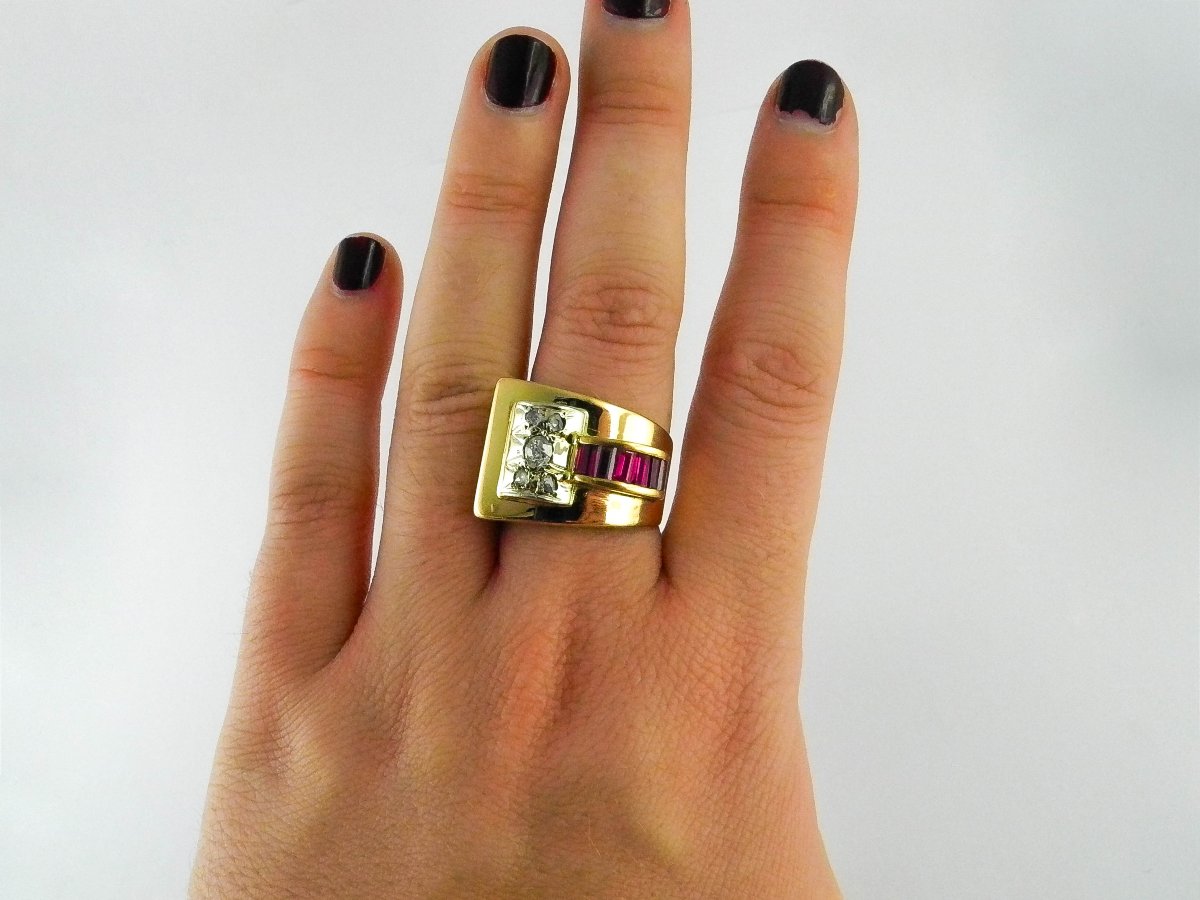 Bague Tank Asymétrique Diamants Taille Ancienne, Rose Et Rubis Synthétiques Sur Or Rose-photo-7