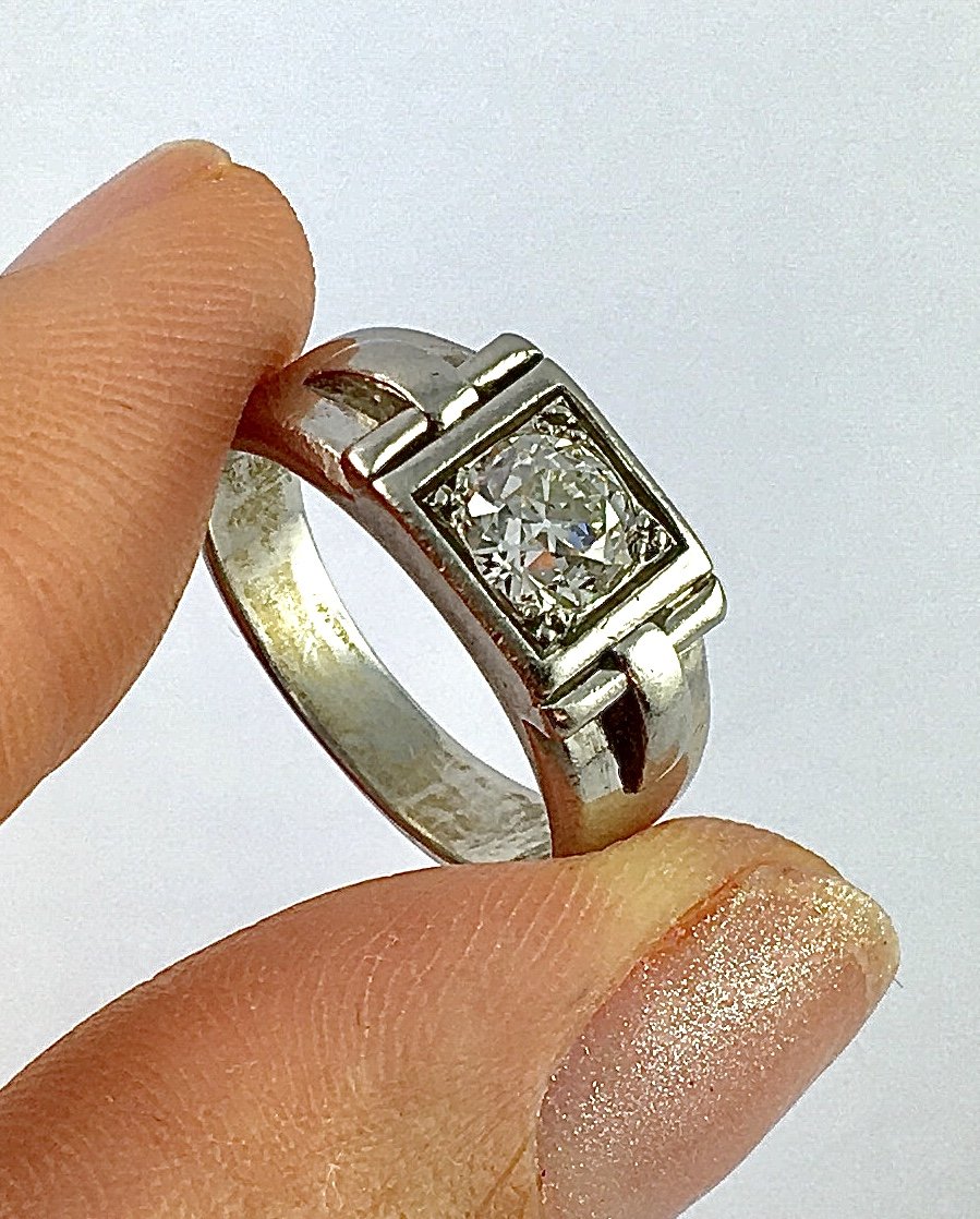 Bague Art Déco Bandeau/ Chevalière Diamant Taille Ancienne sur Platine-photo-2