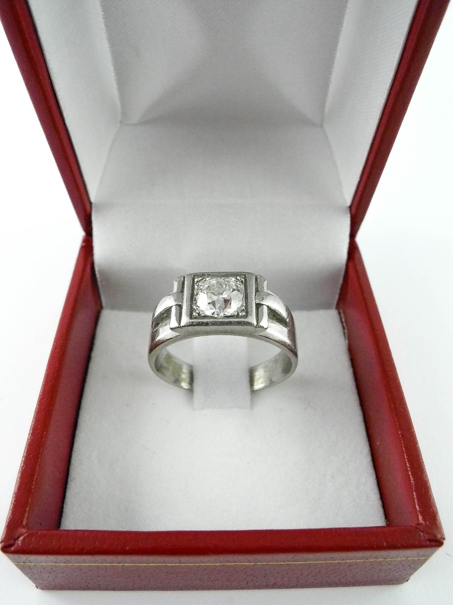 Bague Art Déco Bandeau/ Chevalière Diamant Taille Ancienne sur Platine-photo-2