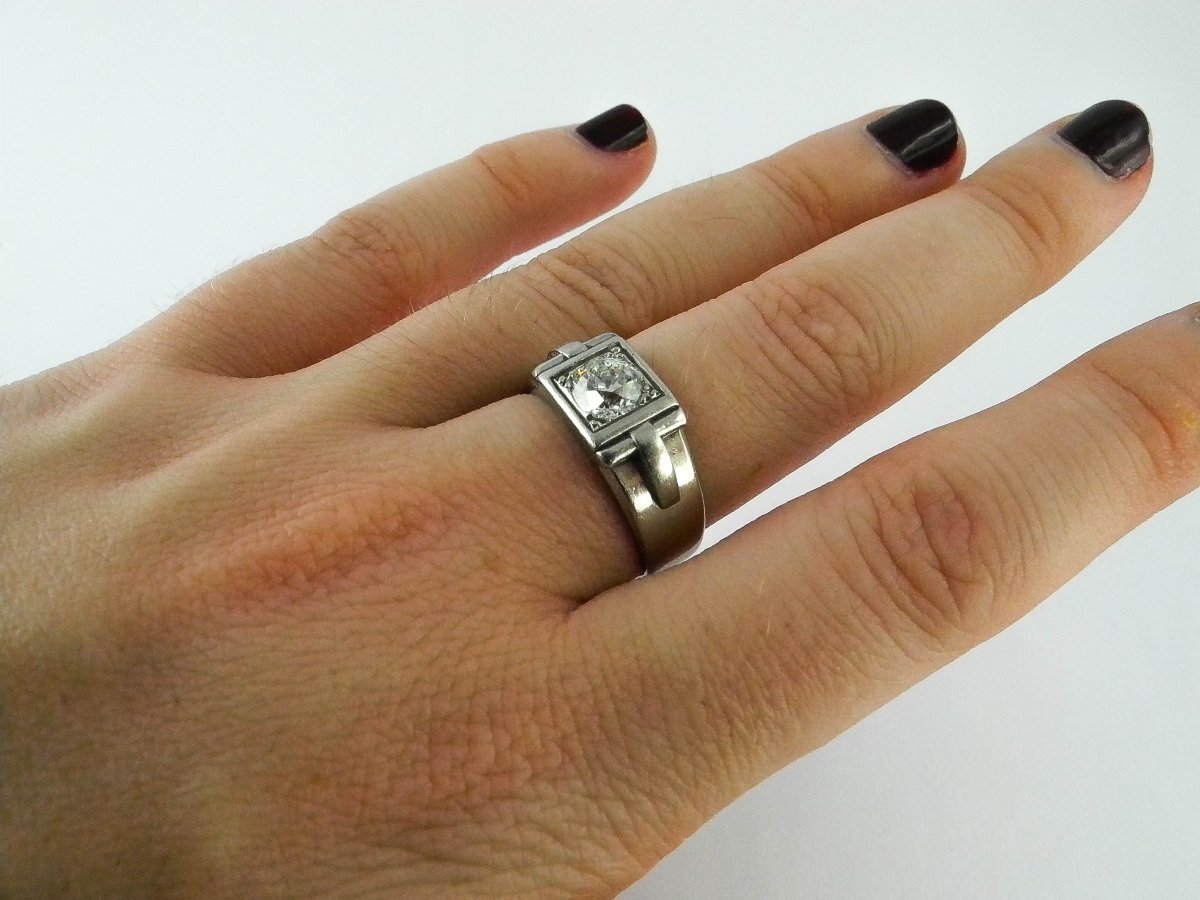 Bague Art Déco Bandeau/ Chevalière Diamant Taille Ancienne sur Platine-photo-8