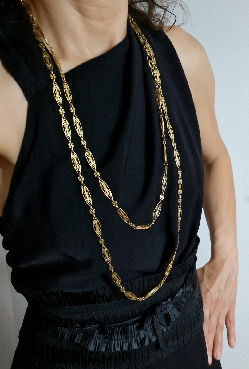 Large Yellow Gold Filigree Mesh Long Necklace-photo-7