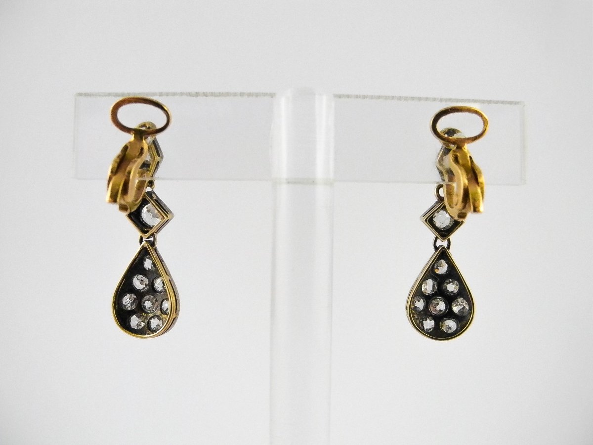 Clip-on Earrings With Drops Of Old-cut Diamonds Paved In Yellow Gold & Silver-photo-2