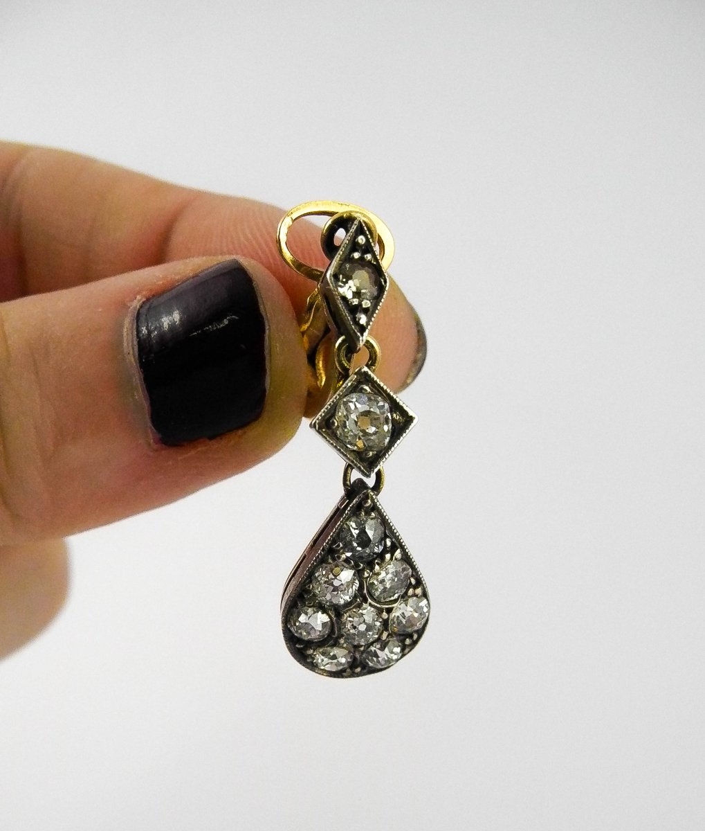 Clip-on Earrings With Drops Of Old-cut Diamonds Paved In Yellow Gold & Silver-photo-4