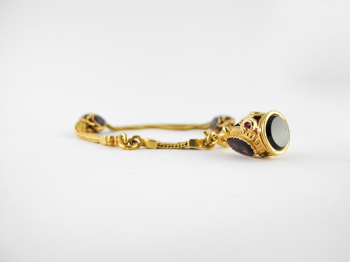Napoleon III Column Mesh Bracelet, Garnets, Heliotrope Jasper Seal, Yellow Gold-photo-2