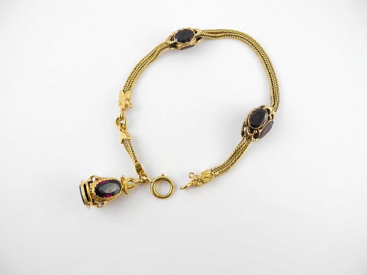 Napoleon III Column Mesh Bracelet, Garnets, Heliotrope Jasper Seal, Yellow Gold-photo-5
