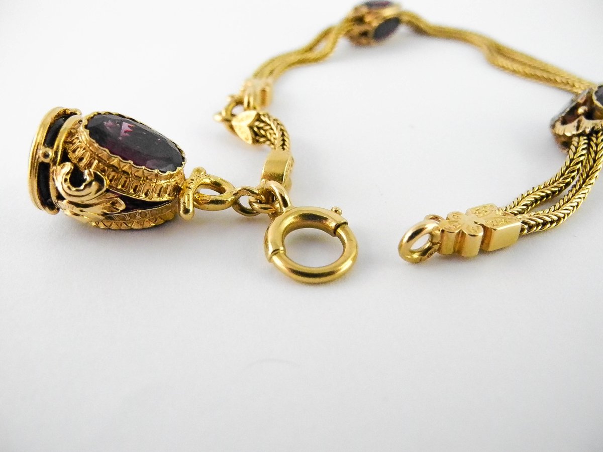 Napoleon III Column Mesh Bracelet, Garnets, Heliotrope Jasper Seal, Yellow Gold-photo-6