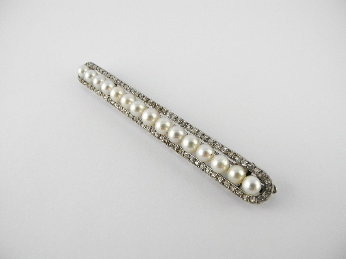 Broche Barrette Art Déco Perles Fines et Diamants Taille Ancienne sur Platine-photo-1