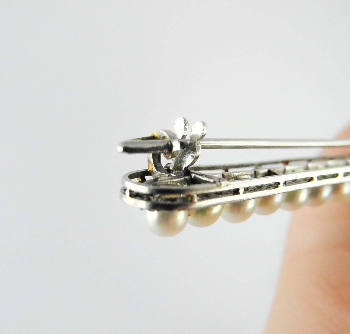 Broche Barrette Art Déco Perles Fines et Diamants Taille Ancienne sur Platine-photo-5