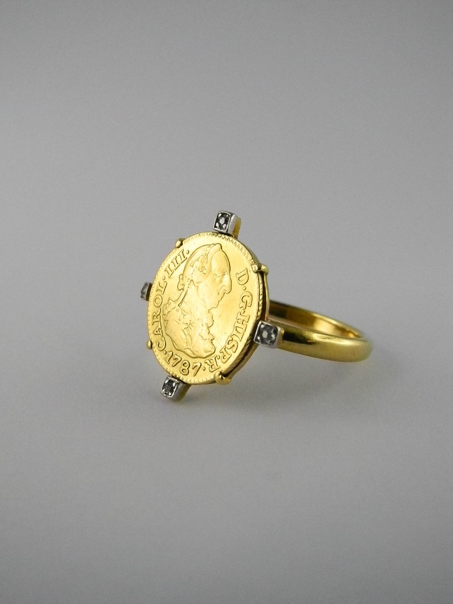 Bague Pièce Charles 3 d’Espagne (1787) 8 Escudos, Diamants Taille Ancienne /Or Jaune & Platine-photo-3