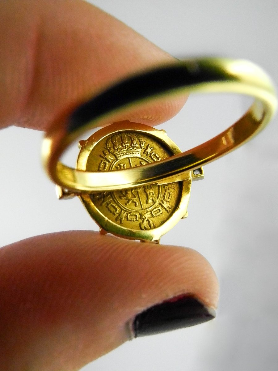 Bague Pièce Charles 3 d’Espagne (1787) 8 Escudos, Diamants Taille Ancienne /Or Jaune & Platine-photo-1
